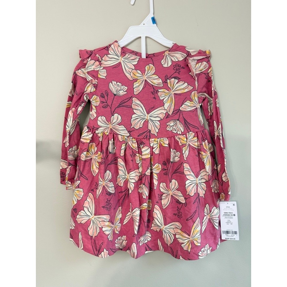 Carter's Butterfly Dress Baby Girl 24M Pink Ruffle Long Sleeve NWT